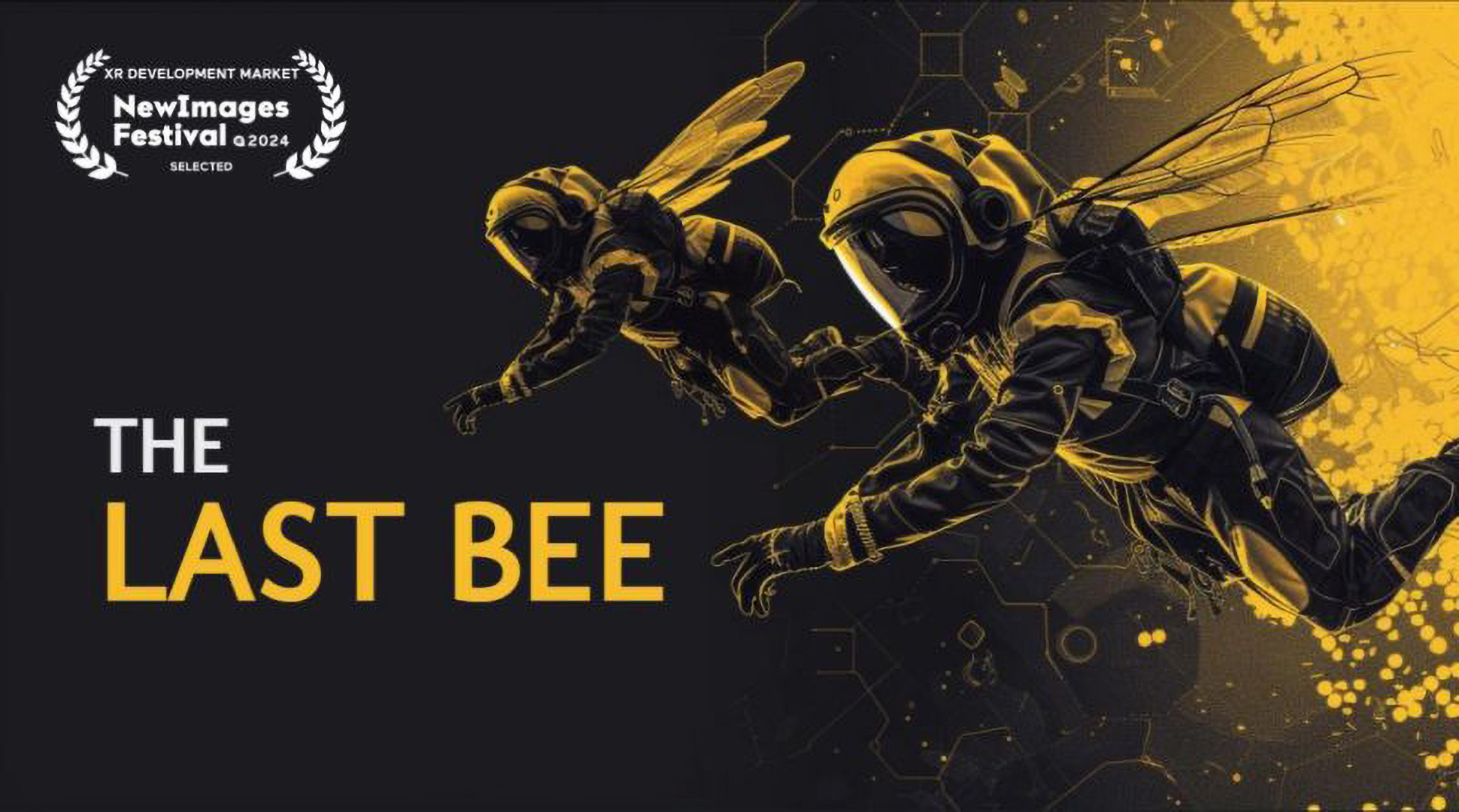 The Last Bee — key art with two suited figures in bee-striped helmets and translucent insect wings